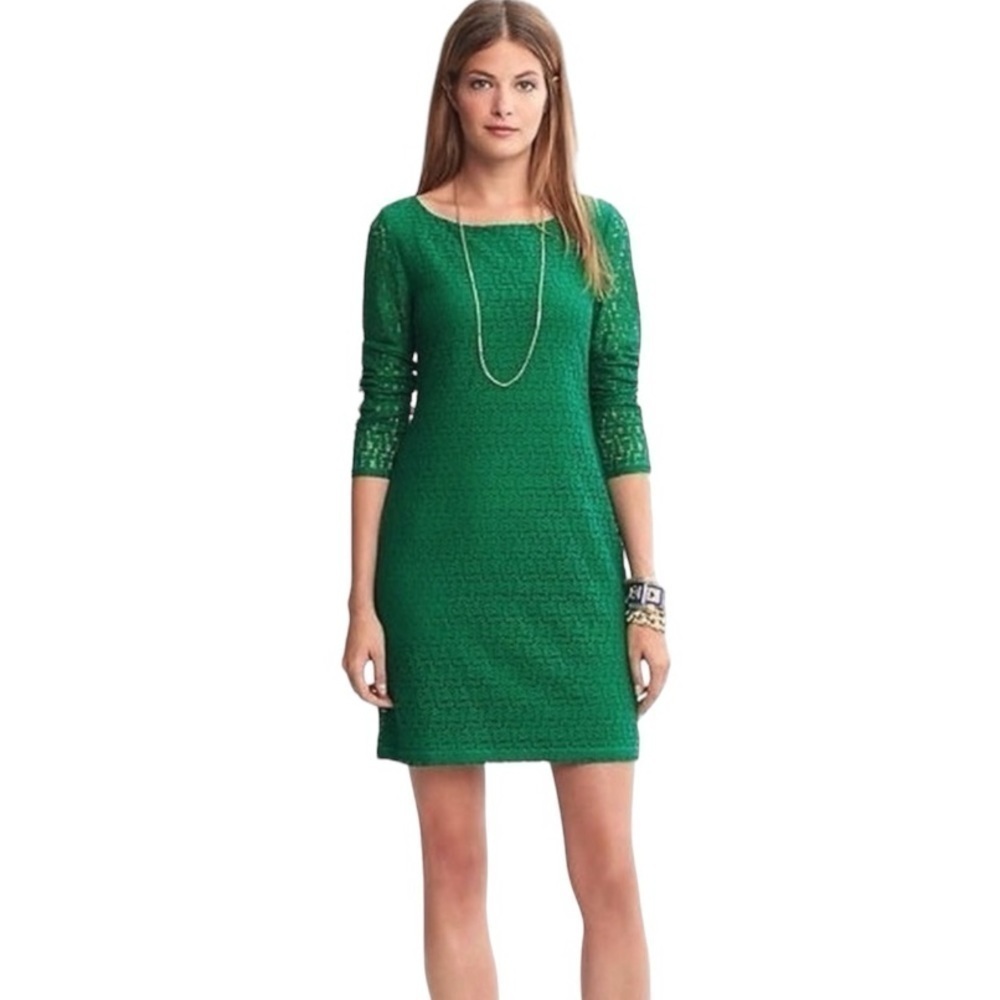 BANANA REPUBLIC Elegant pine green lace eyelet overlay chic stylish MIDI dress